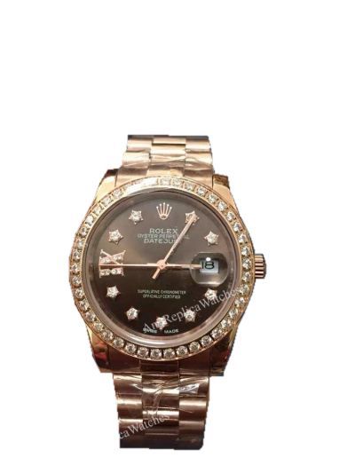 Clone Rolex Datejust Watch Rose Gold Brown Dial Star Diamond